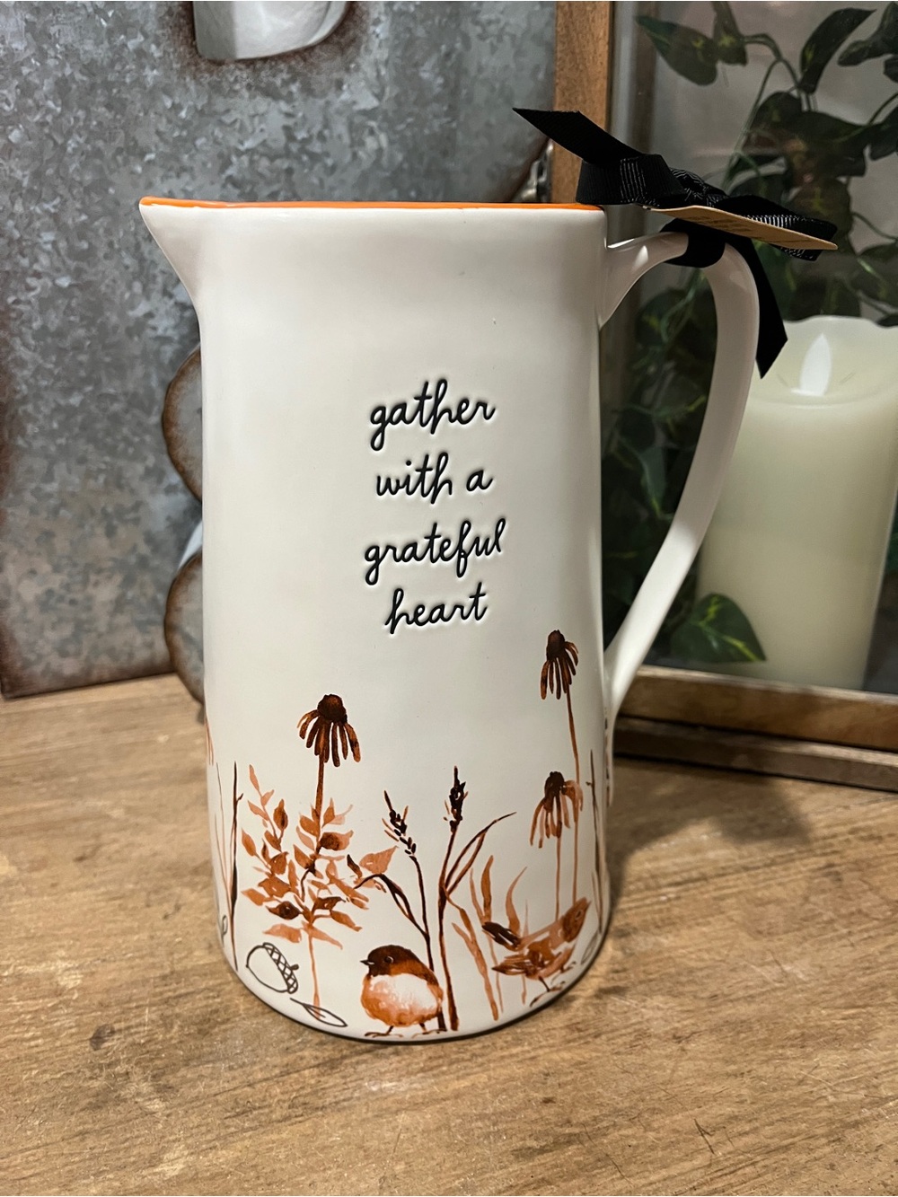 Rae Dunn Cream Pitcher with Orange and Brown Bird & Floral Design